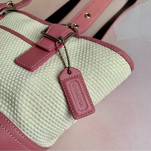 COACH Pink Tote Cream Woven Straw Handbag B04K4467 - Picture 4 of 8